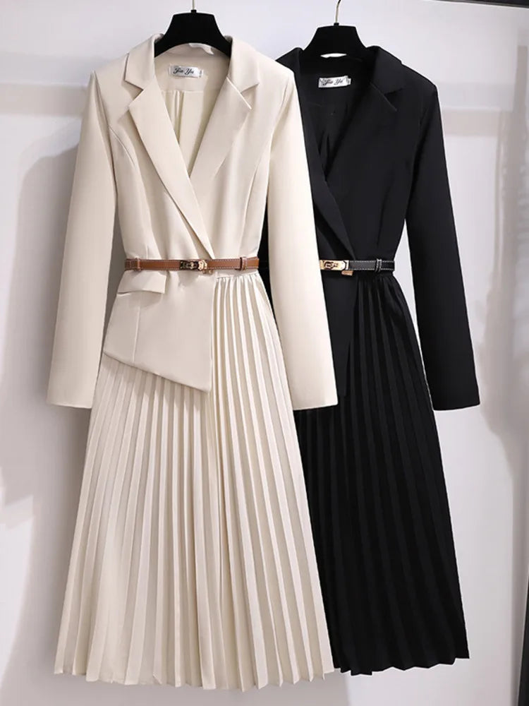 Elegant Pleated Blazer Dress with Stylish Belt