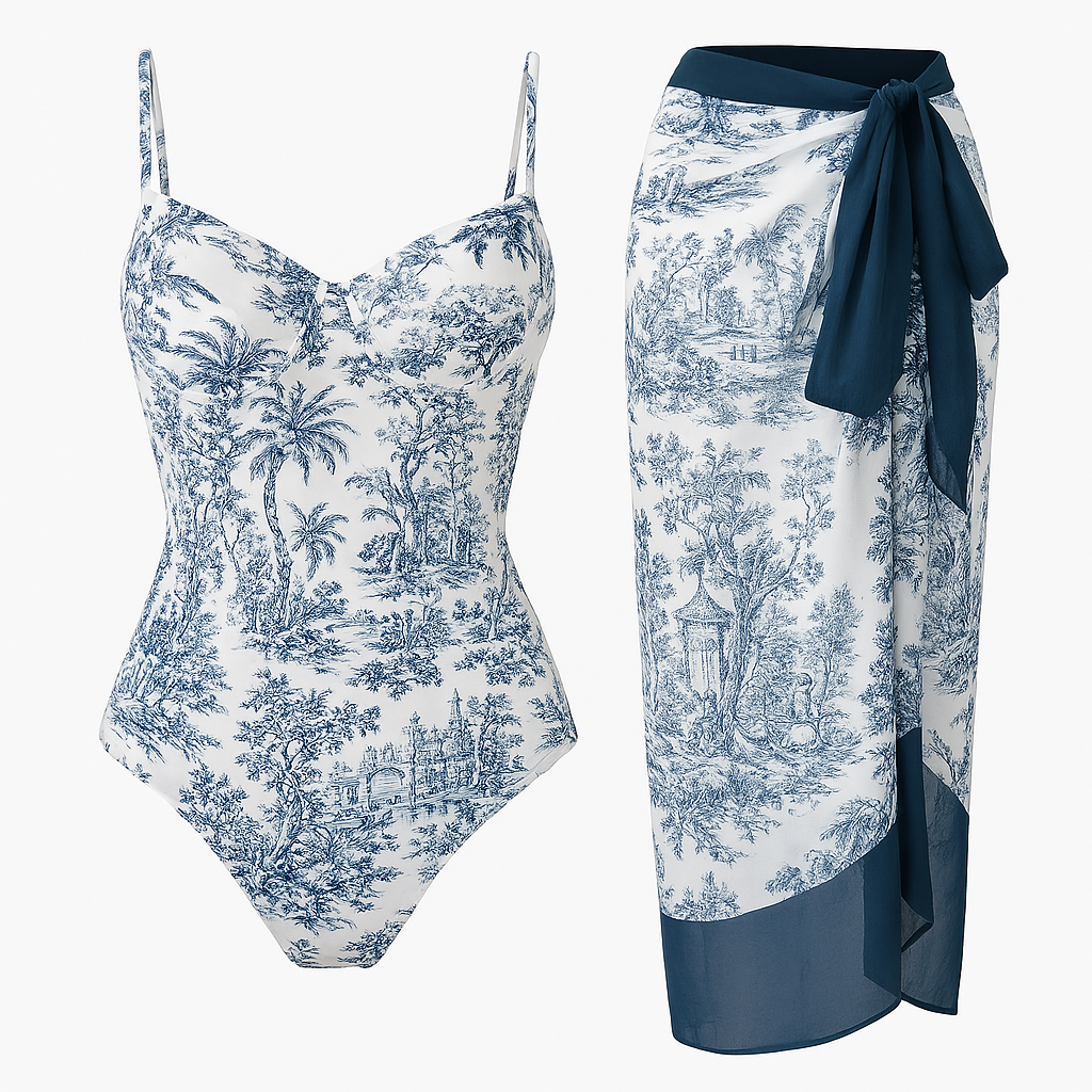Women's Toile One-Piece Swimsuit with Matching Sarong