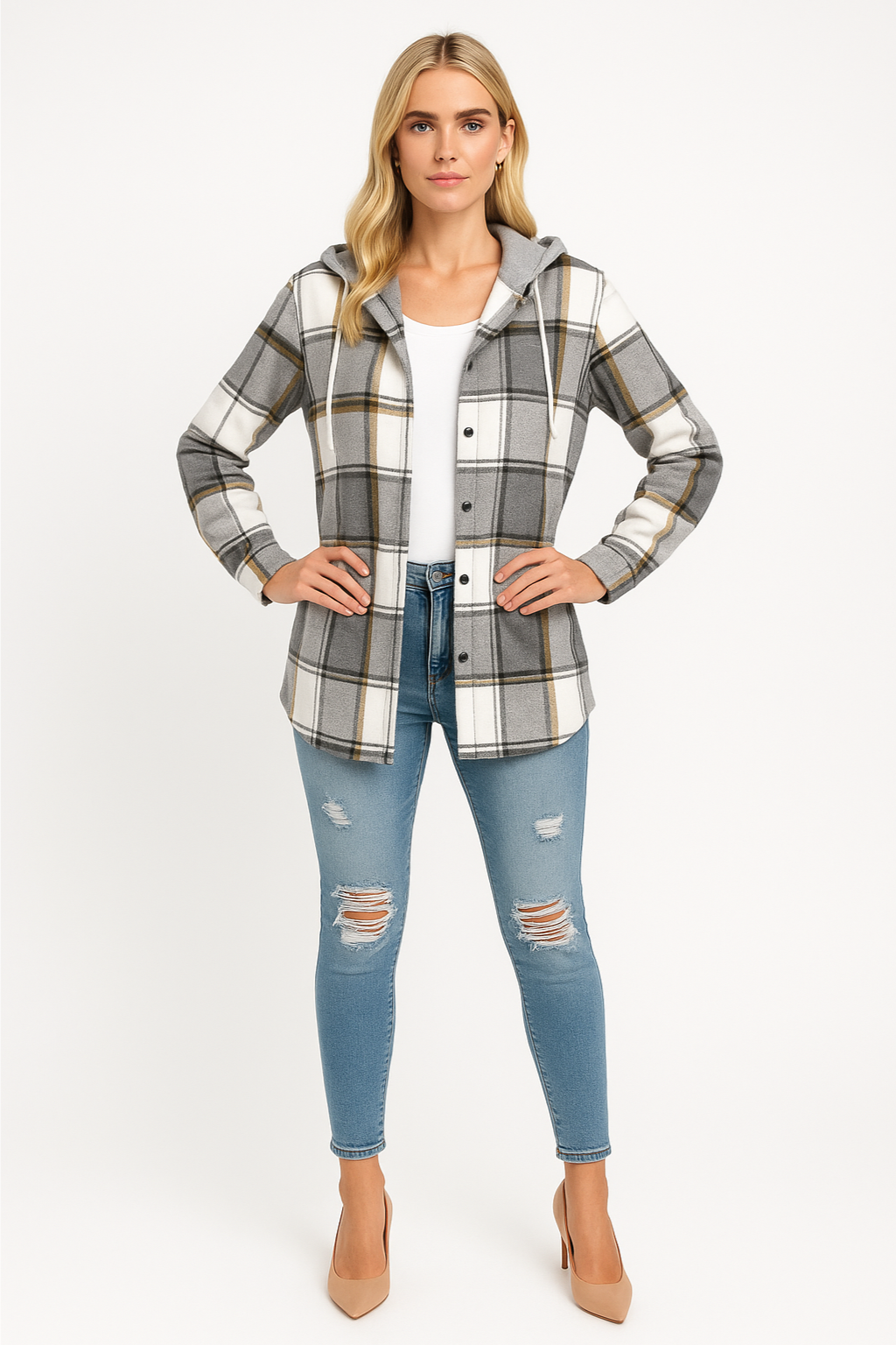 Women's Casual Checkered Hooded Jacket