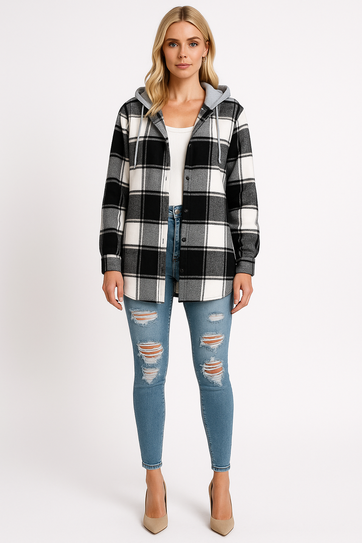 Women's Casual Checkered Hooded Jacket