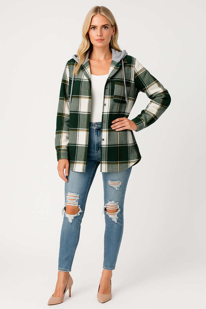 Women's Casual Checkered Hooded Jacket