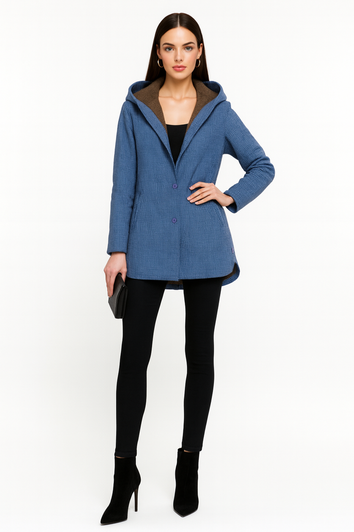 Women’s Checked Buttoned Hooded Coat
