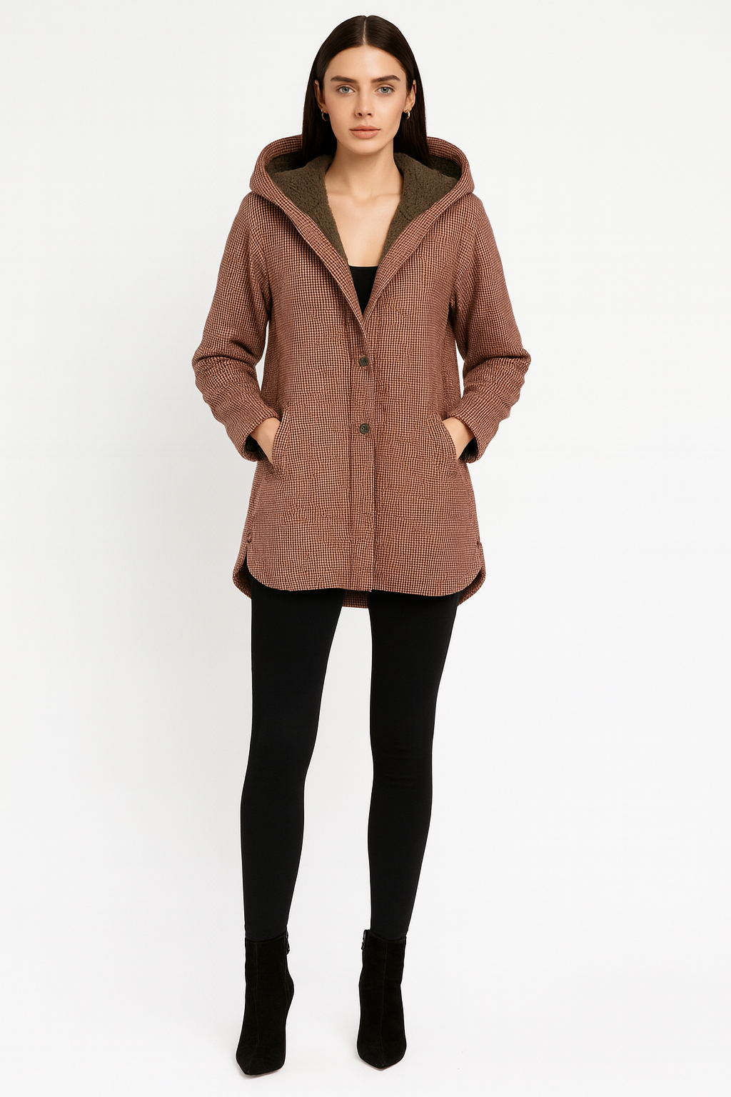 Women’s Checked Buttoned Hooded Coat