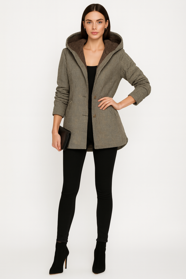 Women’s Checked Buttoned Hooded Coat