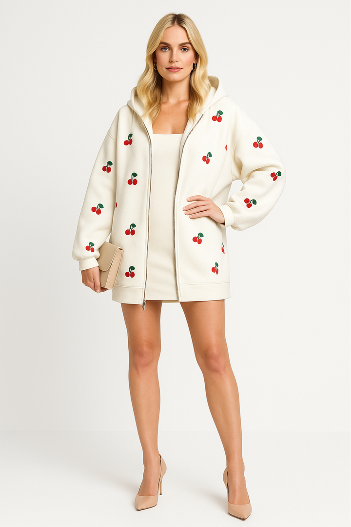 Women's Cherry Print Oversized Hooded Outerwear