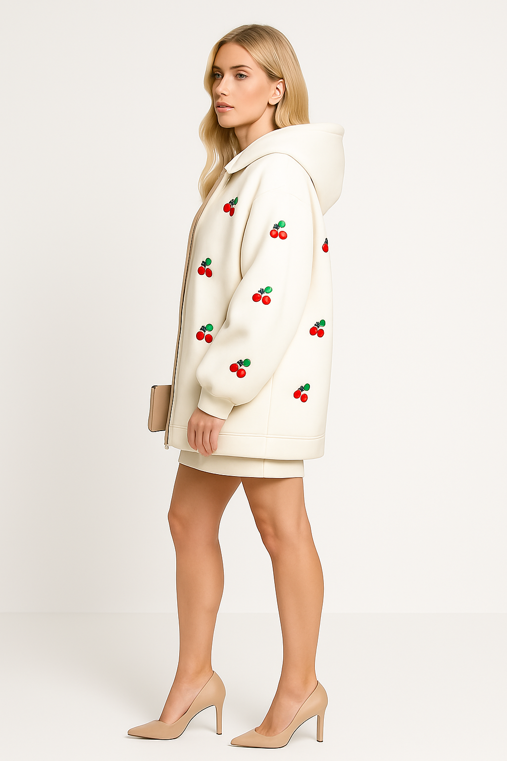 Women's Cherry Print Oversized Hooded Outerwear
