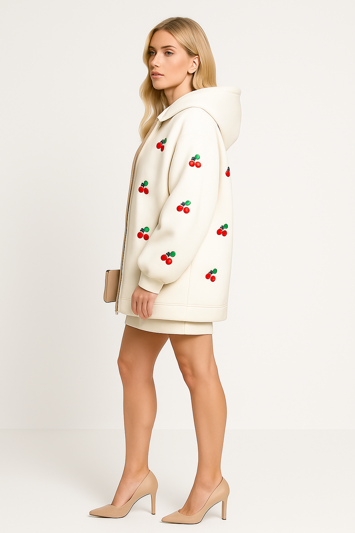 Women's Cherry Print Oversized Hooded Outerwear