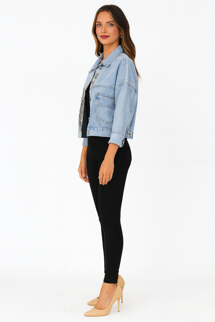 Women’s Denim Jacket with Leopard Accent