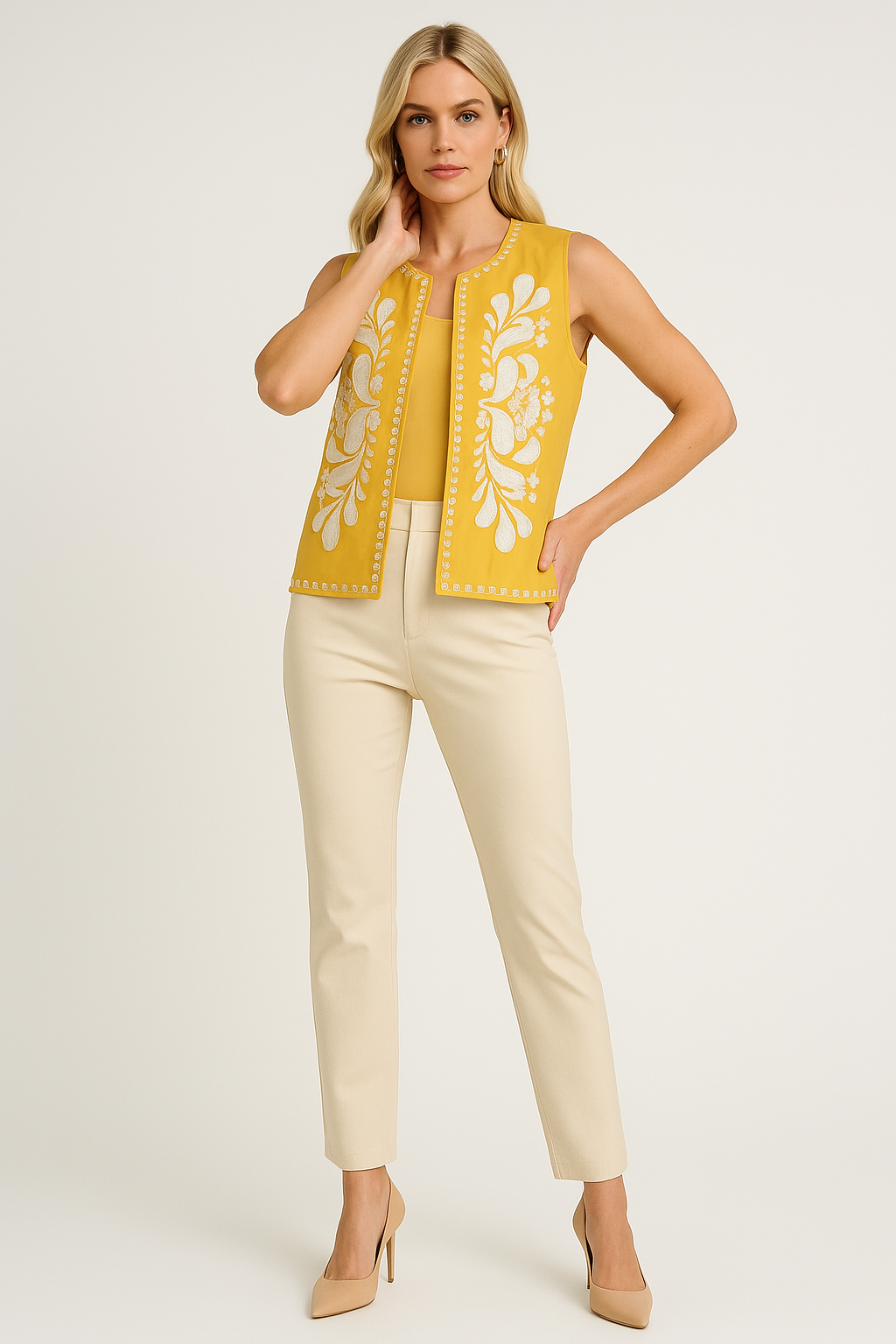 Women's Embroidered Sleeveless Vest with Floral Accents