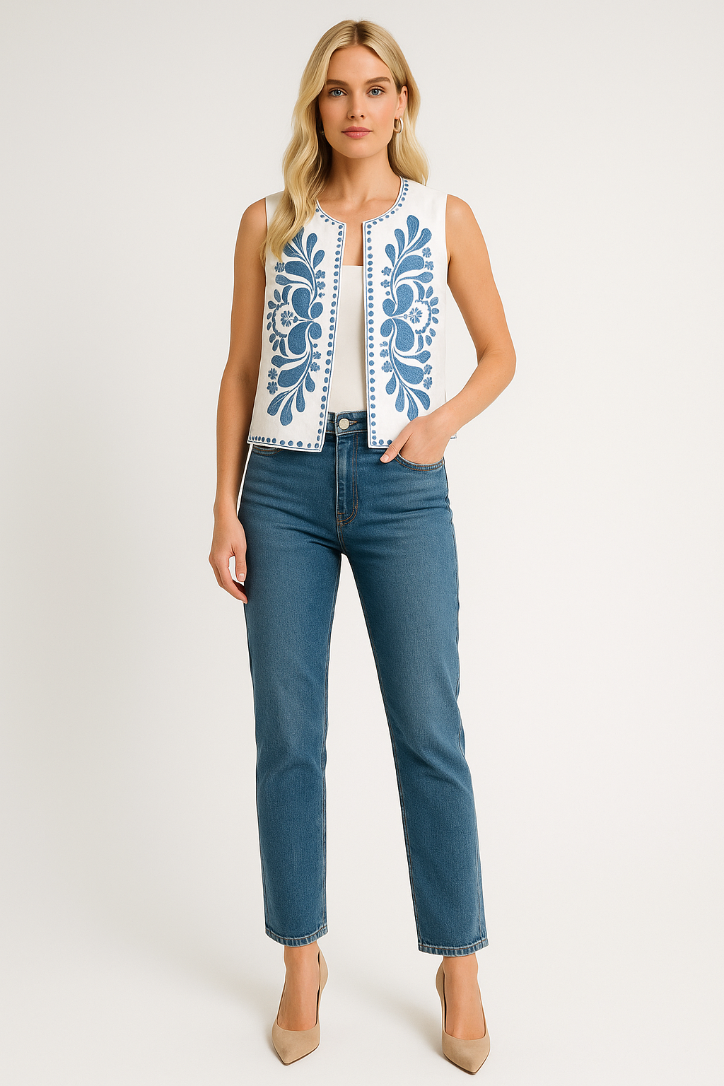 Women's Embroidered Sleeveless Vest with Floral Accents