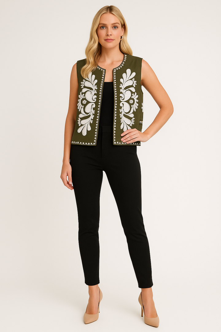 Women's Embroidered Sleeveless Vest with Floral Accents
