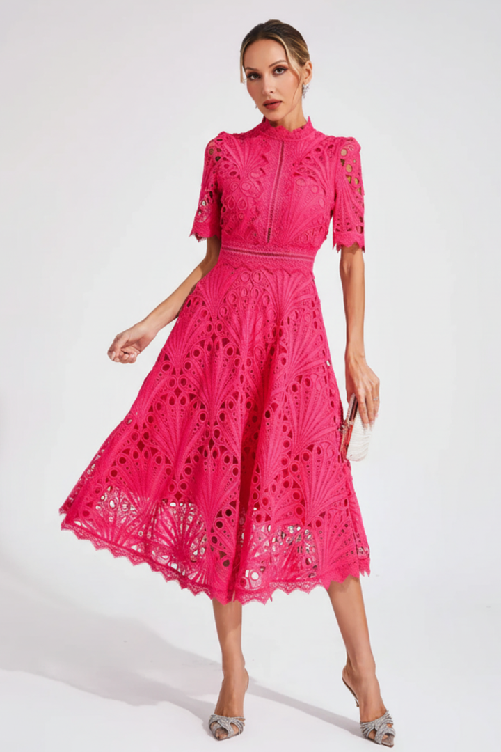 Women’s Elegant Lace Bodycon Midi Dress High Neck Short Sleeve Party Outfit