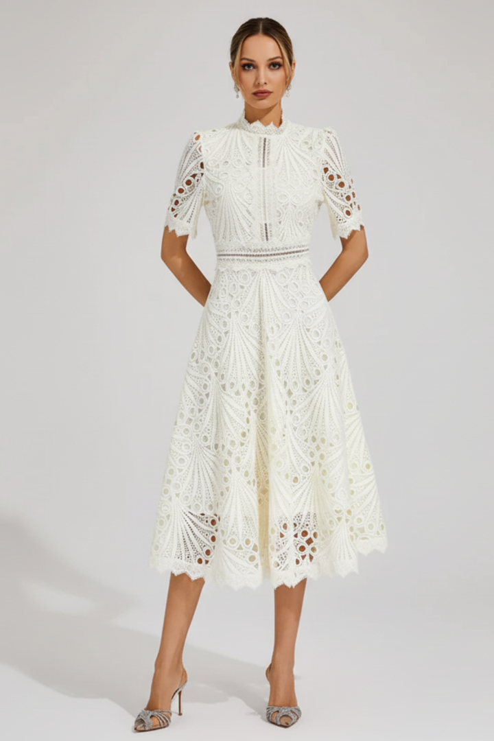 Women’s Elegant Lace Bodycon Midi Dress High Neck Short Sleeve Party Outfit