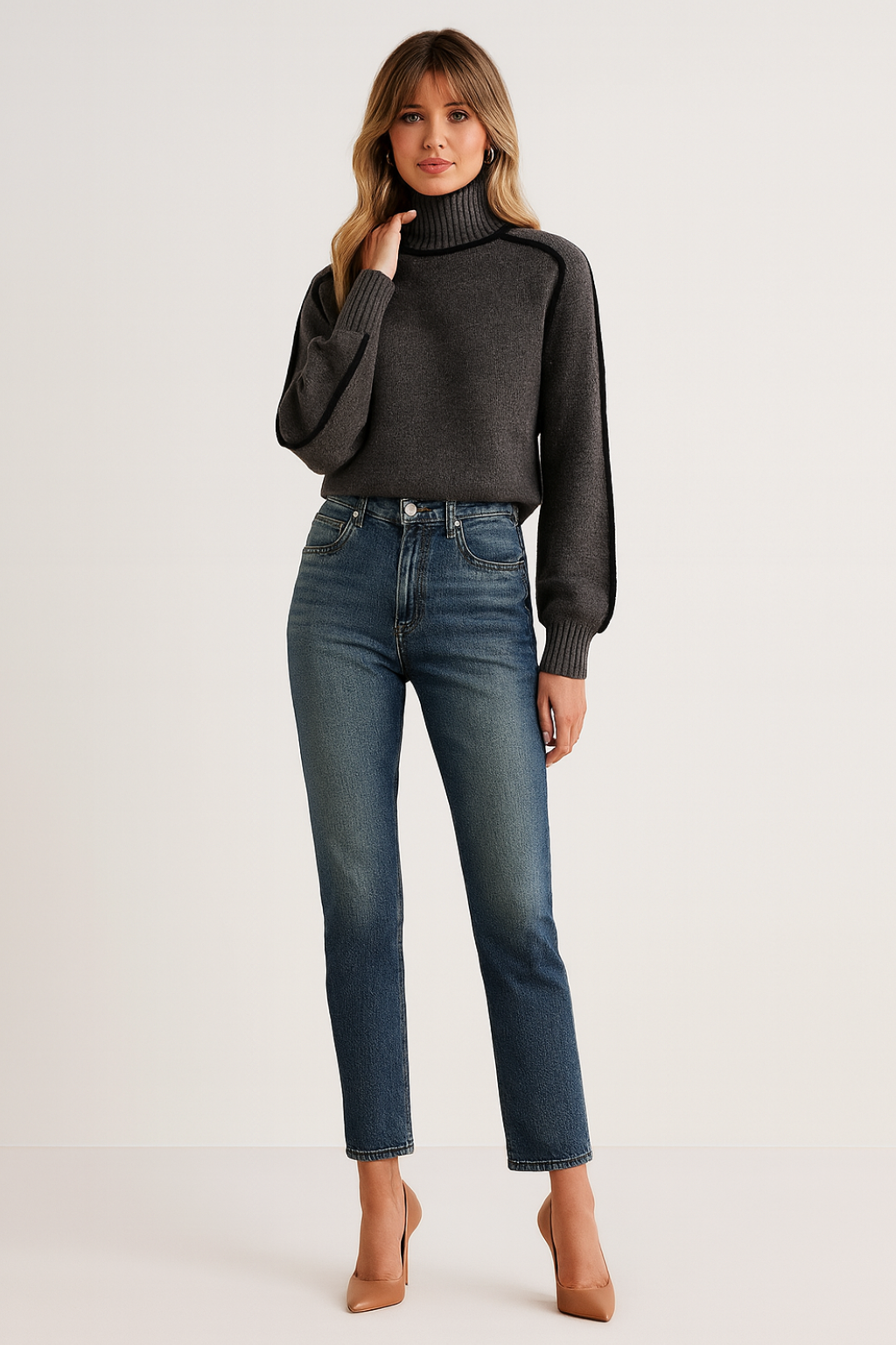 Women's Oversized Contrast Turtleneck Sweater