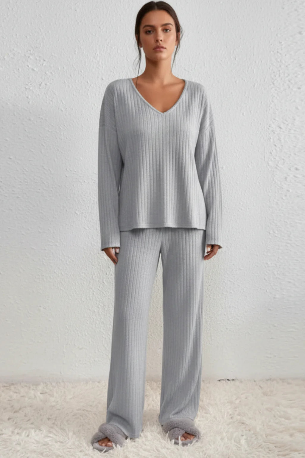 Women’s Ribbed Knitted V-Neck Lounge Set