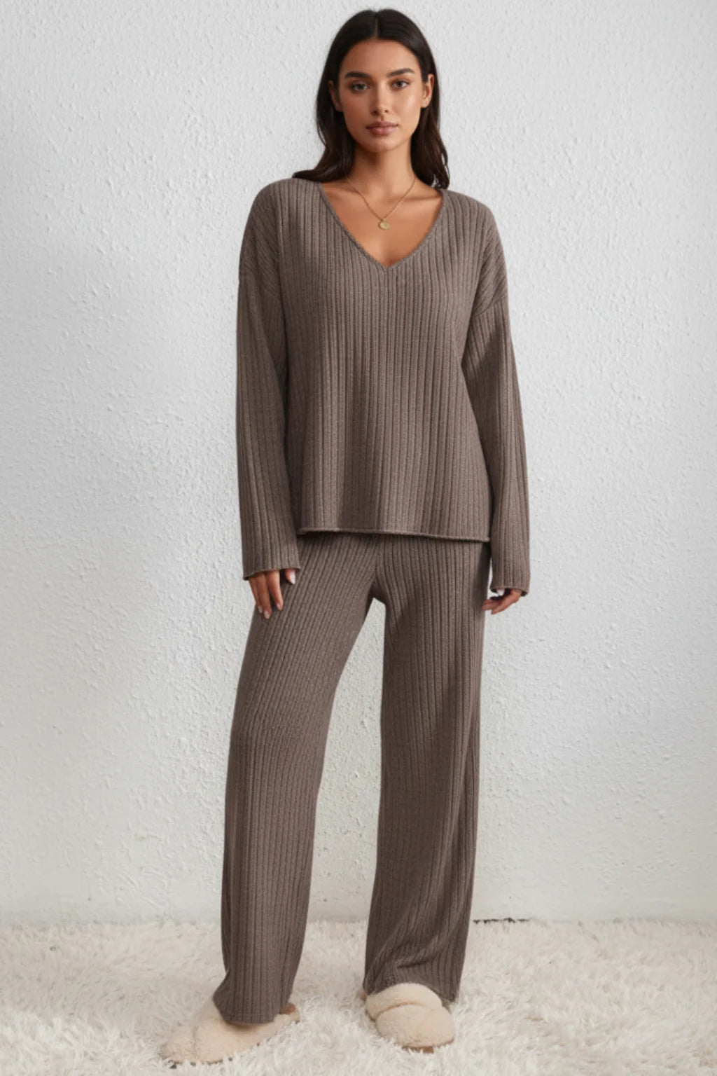 Women’s Ribbed Knitted V-Neck Lounge Set