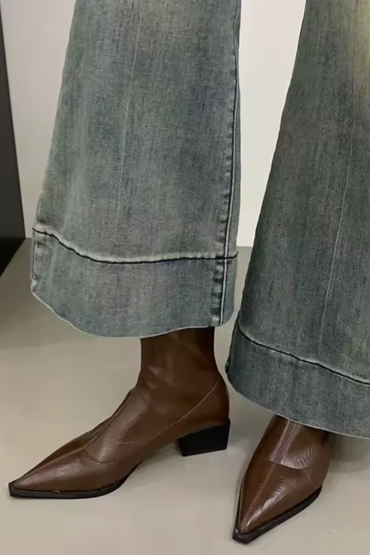 Women’s Pointed Toe Ankle Boots Low Block Heel Slip On Dress Shoes