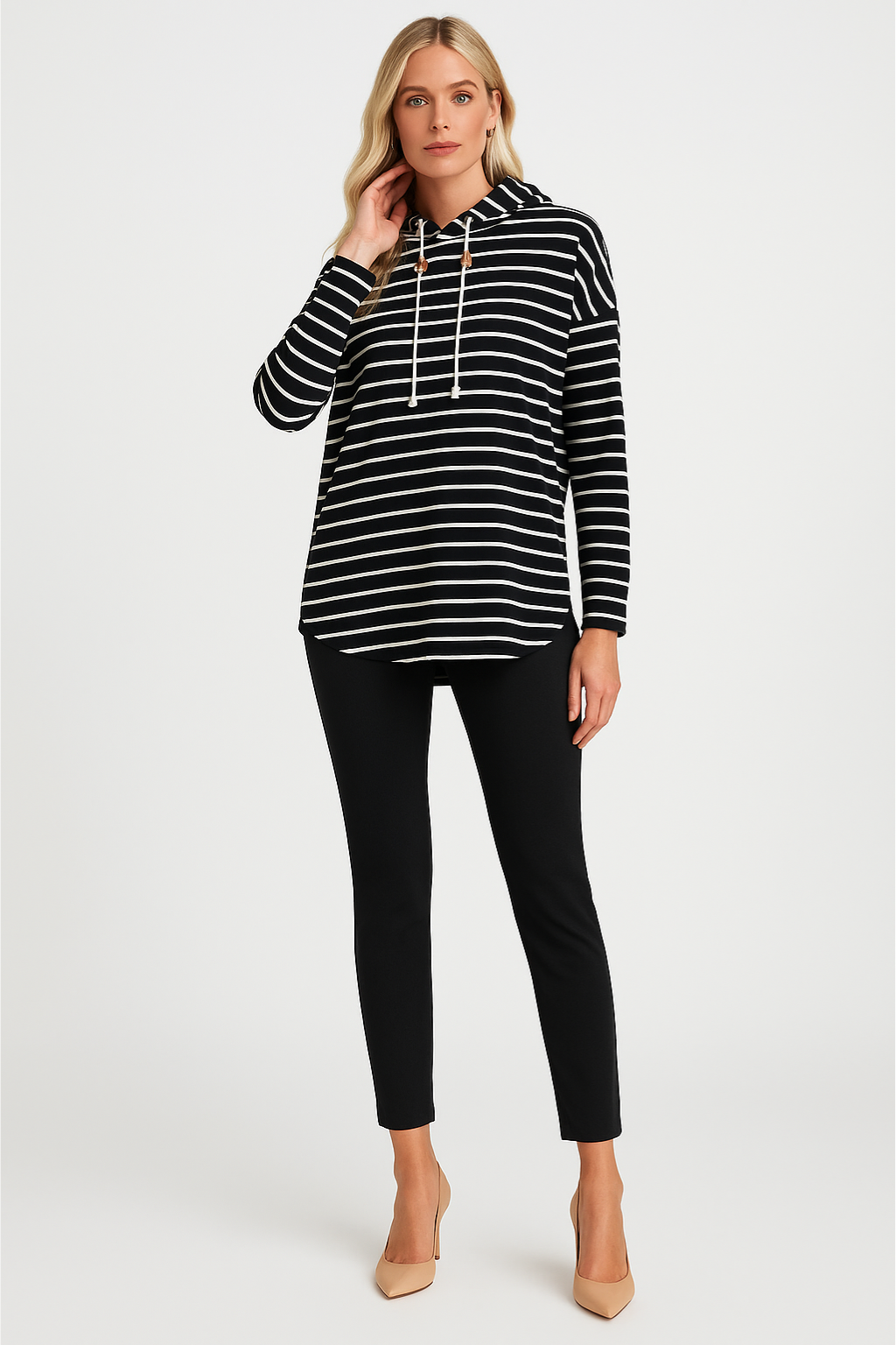 Women's Striped Hooded Knit Pullover Top