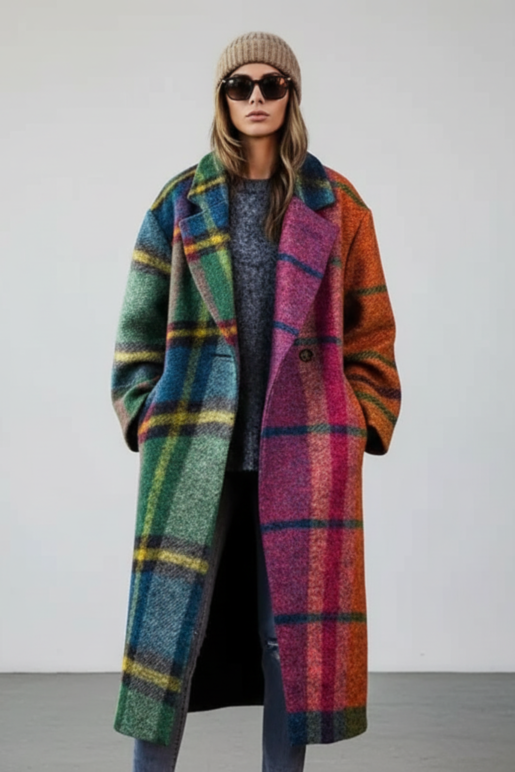 Women’s Stylish Long Plaid Trench Coat