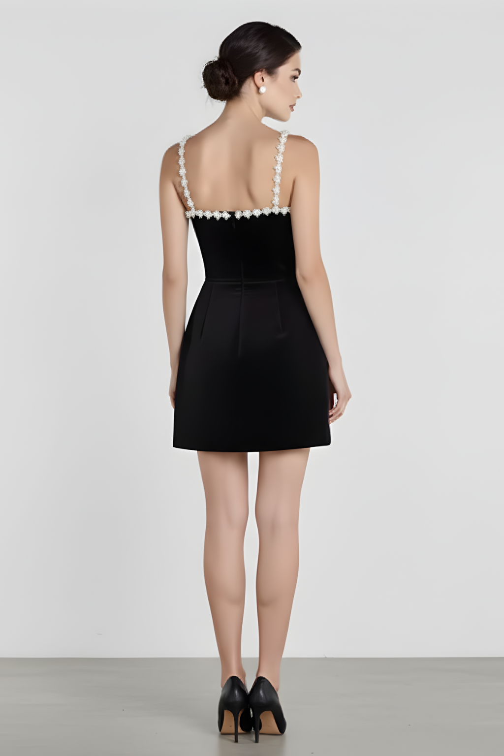 Women’s Velvet Black Mini Dress with Pearl Straps