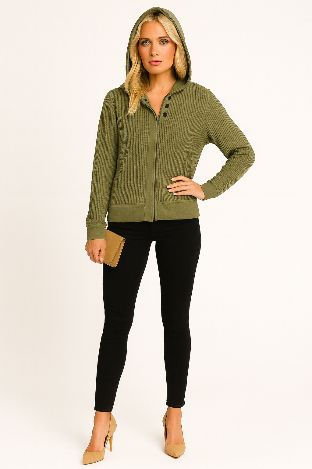 Women's Waffle-Knit Hooded Long Sleeve Jacket