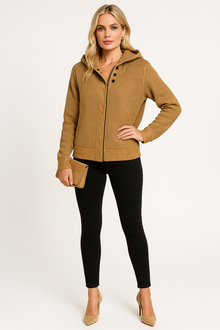 Women's Waffle-Knit Hooded Long Sleeve Jacket
