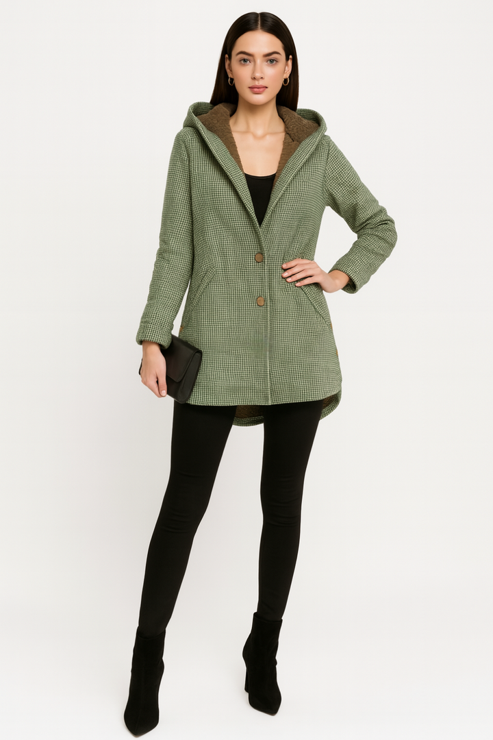 Women’s Checked Buttoned Hooded Coat