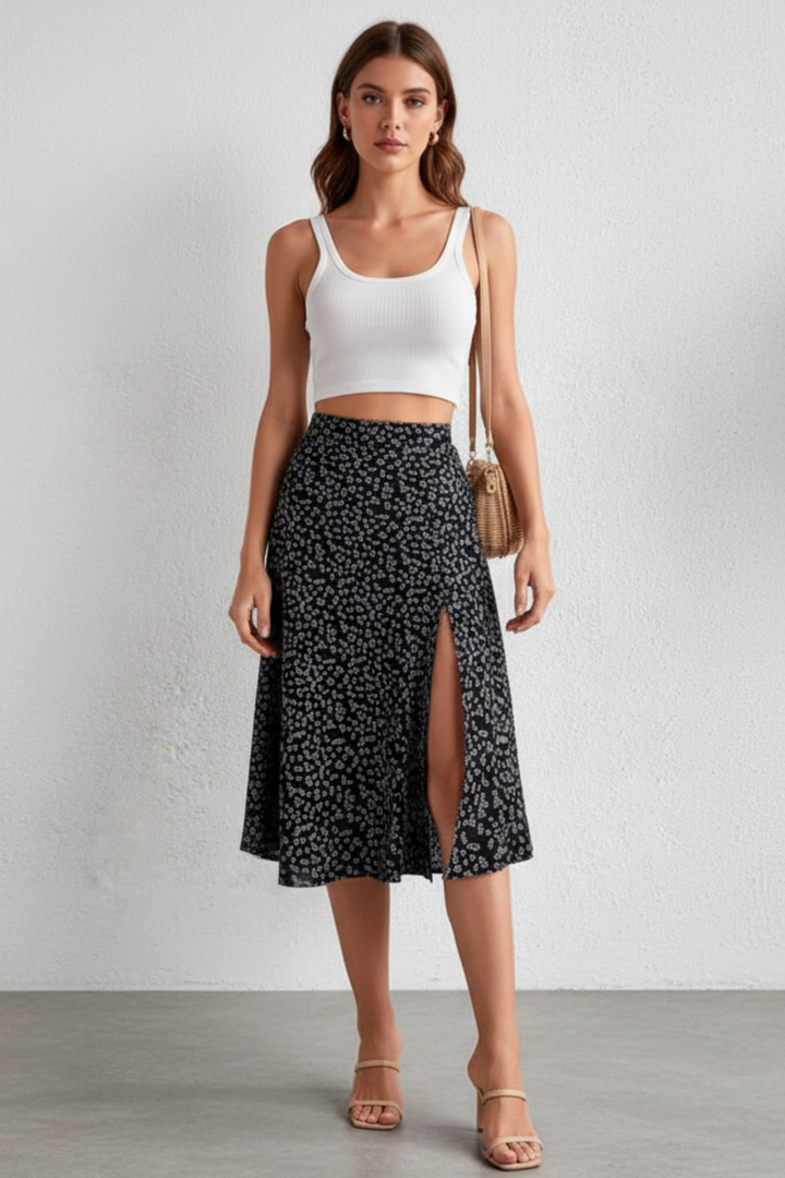 Women’s Floral Print High-Waisted Midi Skirt