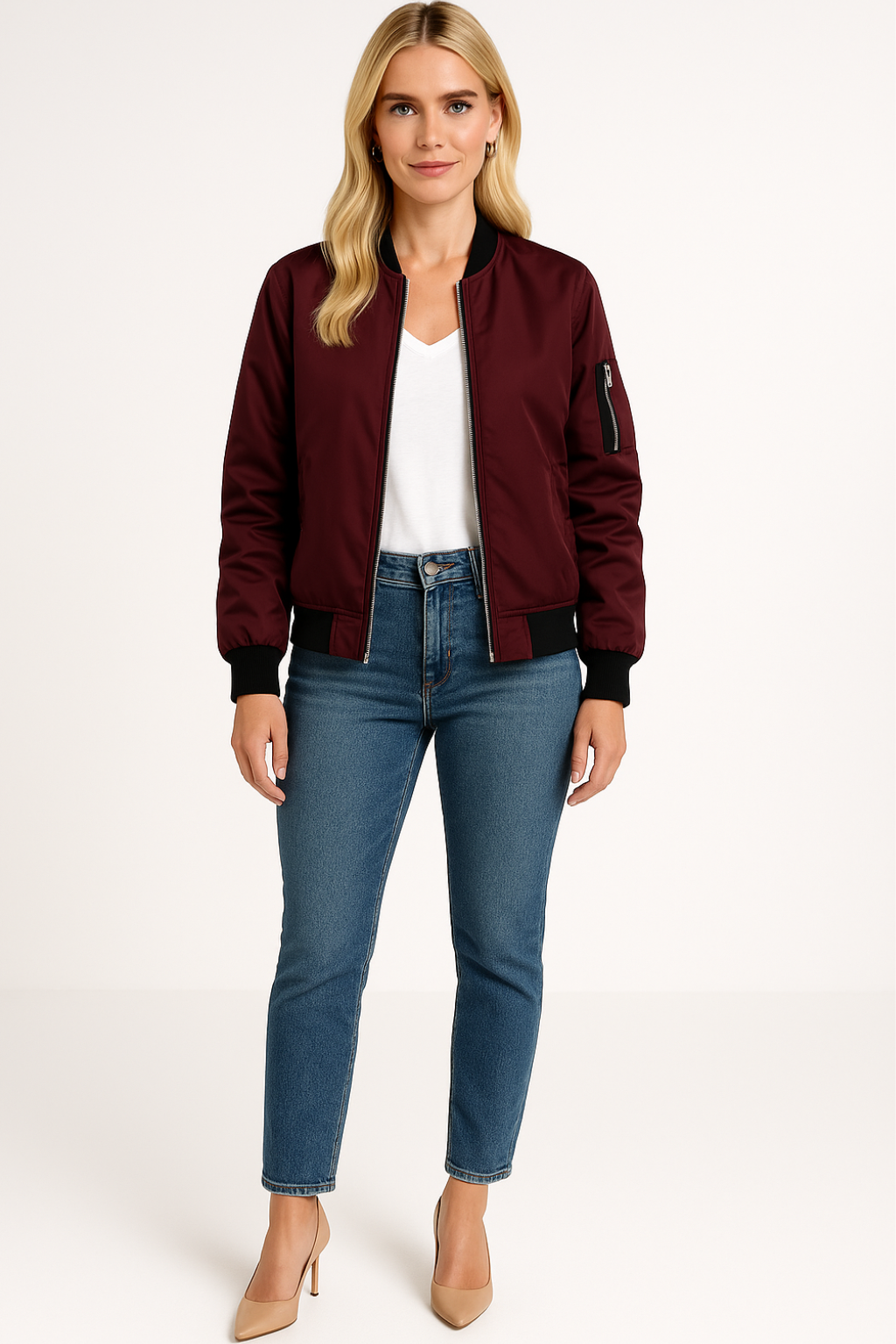 Women's Long Sleeve Bomber Jacket with Zipper