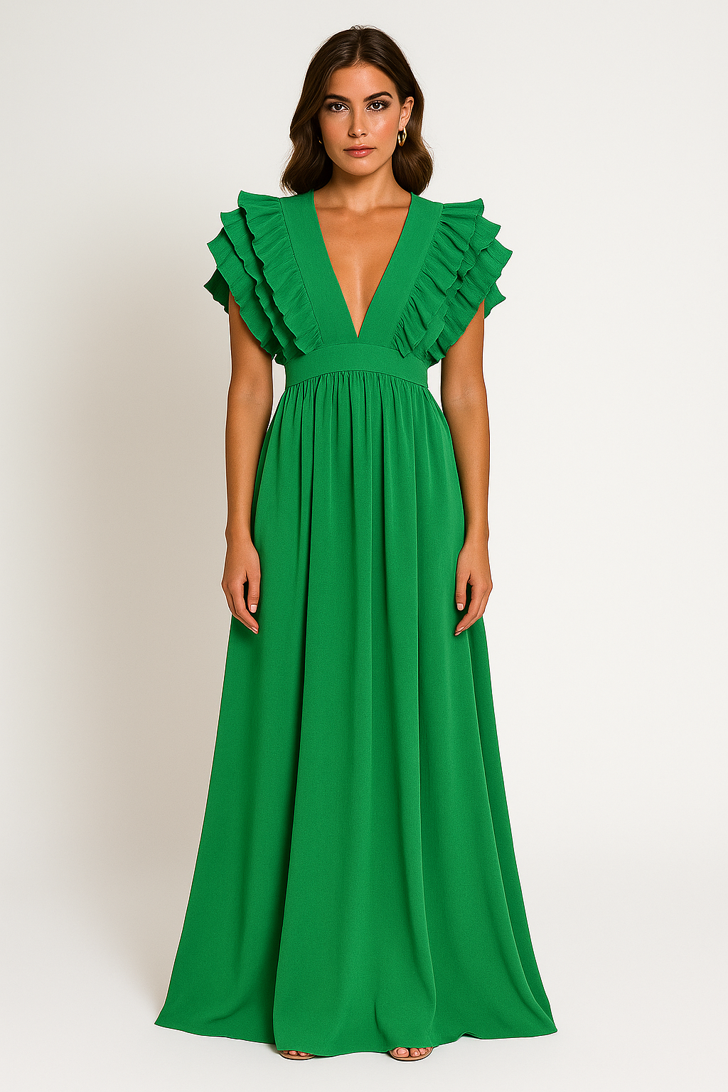 Women’s Ruffle Sleeve Plunge Maxi Dress