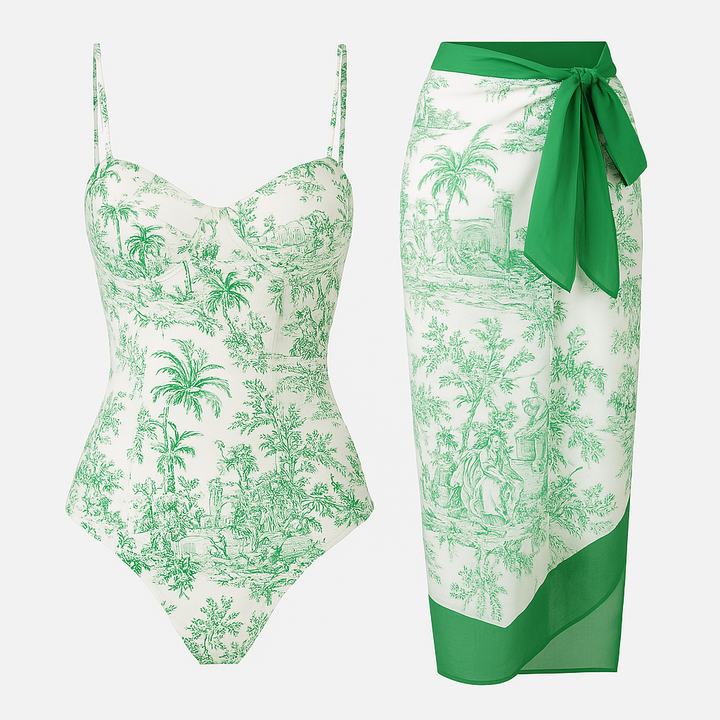Women's Toile One-Piece Swimsuit with Matching Sarong